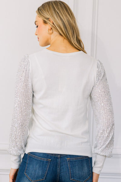 SOLID SEQUIN PUFF SLEEVE KNIT TOP