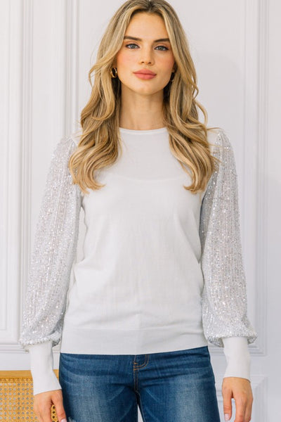 SOLID SEQUIN PUFF SLEEVE KNIT TOP