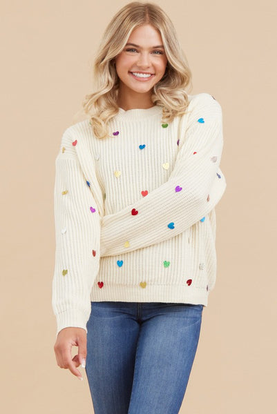 MULTICOLOR ALL OVER MINI HEART CHUNKY KNIT SWEATER