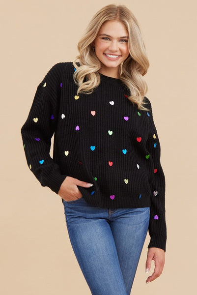 MULTICOLOR ALL OVER MINI HEART CHUNKY KNIT SWEATER