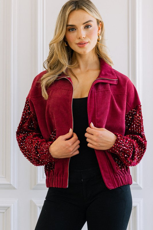 CORDUROY BOMBER JACKET W/SEQUIN SLEEVE