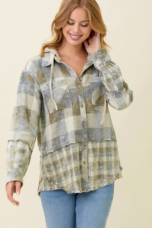 MIX PLAID DOUBLE CLOTH BUTTON DOWN HOODIE