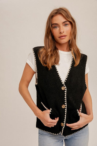FLEECE LINED BUTTONED STITCH DETAILED VEST