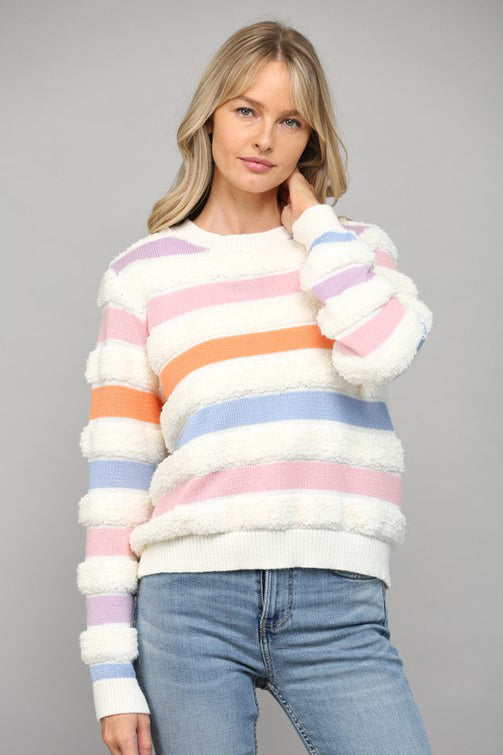 STRIPE LOOPED KNIT ROUND NECK SWEATER