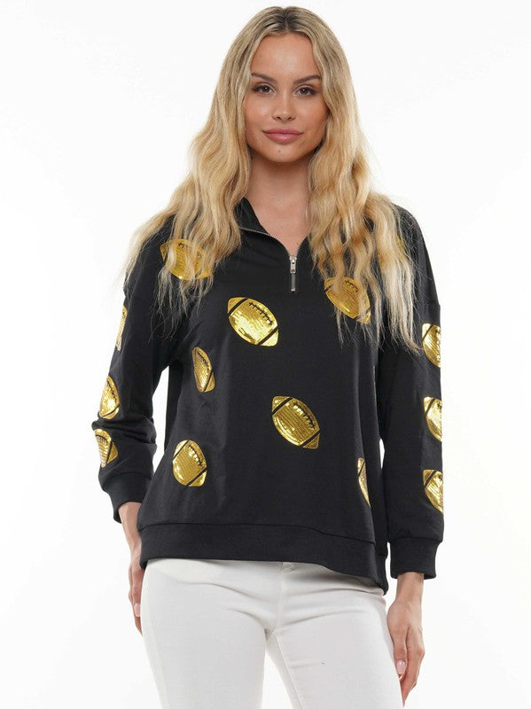 SOFT ALL OVER SEQUIN FOOTBALL 1/4 ZIP PULLOVER