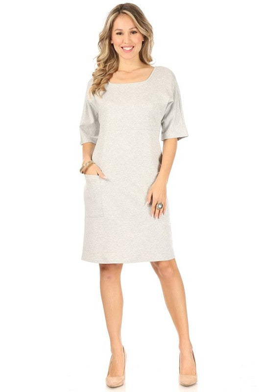 SOLID PONTE 3/4 SLEEVE SQUARE NECK SHIFT DRESS