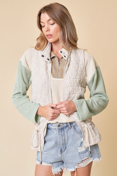 SOLID QUILTED SOFT KNIT VEST W/DRAWSTRING WAIST