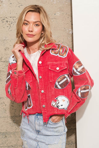 SEQUINNED FOOTBALL GARMENT WASHED CORDUROY JACKET