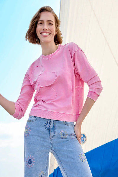 PRETTY IN PINK CHARLIE B LONG SLEEVE TOP WITH FLOWER APPLIQUÉ