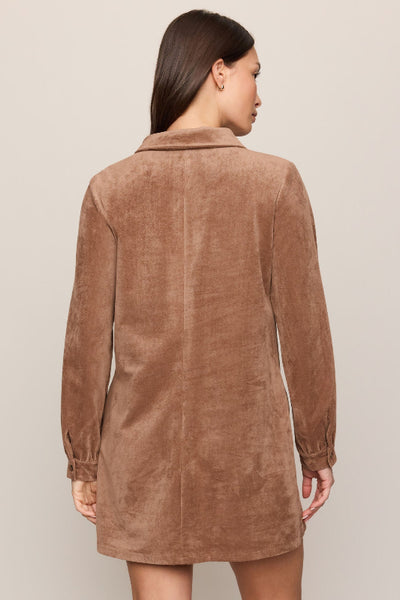 Back view of the Z Supply Connie Walnut brown faux suede mini dress, showing long cuffed sleeves and a straight hem. Z Supply Connie mini dress, Z Supply Walnut dress, ZD264749 dress, brown faux suede mini dress, long sleeve suede-look dress, collared mini dress, women’s fall mini dress, stretch faux suede dress, Walnut brown mini dress, mini dress with boots.