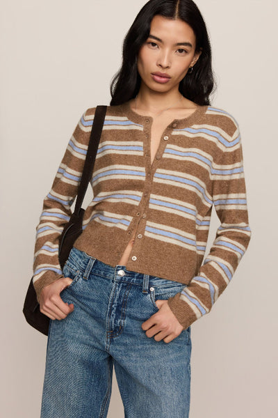 Model wearing the Z Supply Medina Golden Caramel striped cardigan with jeans and a black shoulder bag.Z Supply Medina Stripe Cardigan; Z Supply Golden Caramel cardigan; ZW263330 cardigan; women’s caramel striped cardigan; cream and blue stripe cardigan; crew neck button front cardigan; Z Supply Cozy Spring Yarns cardigan; women’s short knit cardigan; striped cardigan for high-rise jeans.