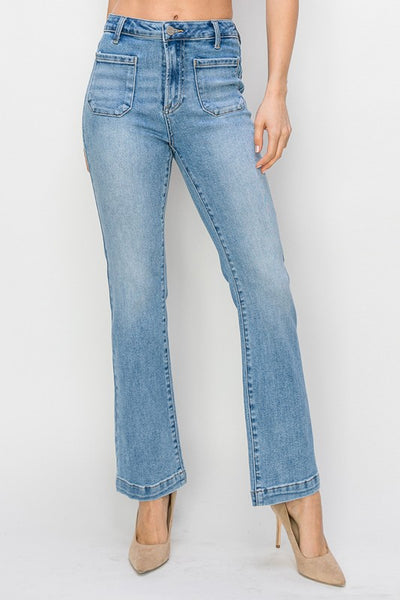 HIGH RISE PATCH POCKET STRAIGHT JEANS