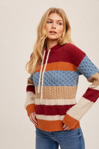 MULTI TEXTURED STRIPE FUZZY HOODIE SWEATER