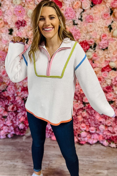 COLORFUL EDGED QUARTER ZIP PULLOVER SWEATER