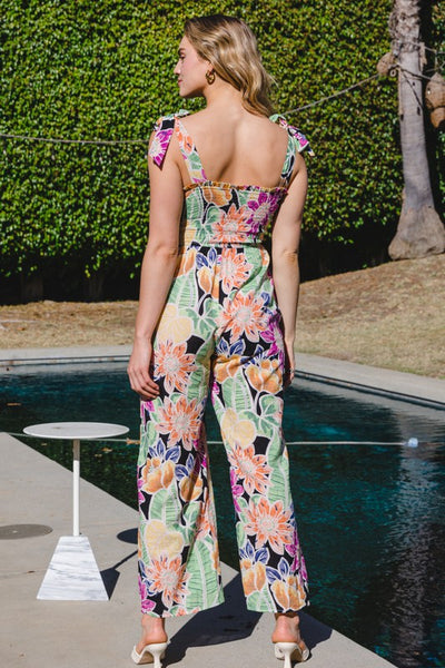 TROPICAL PRINT SMOCKED BODICE JUMPSUIT
