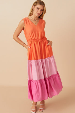 COLORBLOCK TIERED V-NECK SLEEVELESS MAXI DRESS