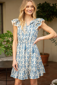 LACE DETAILED DOUBLE RUFFLE SLEEVE PRINTED WOVEN DRESS