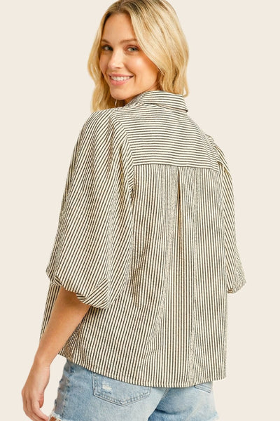 Staccato Bubble Sleeve Button-Down Striped Shirt in brown and cream ticking stripe, back yoke detail, relaxed boxy silhouette, 3/4 bubble sleeves — back view on model.