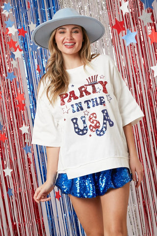 PARTY IN THE USA SEQUIN EMBROIDERED GRAPHIC TOP