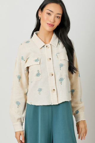 CUTE DOUBLE GAUZE FLORAL EMBROIDERED JACKET