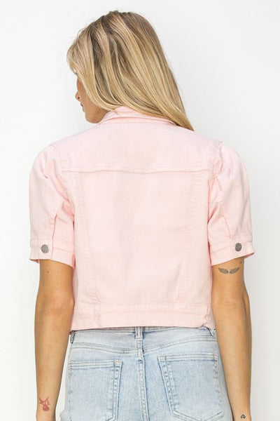 COMFORT STRETCH SHIRRING SLEEVE WASHED DENIM JACKET