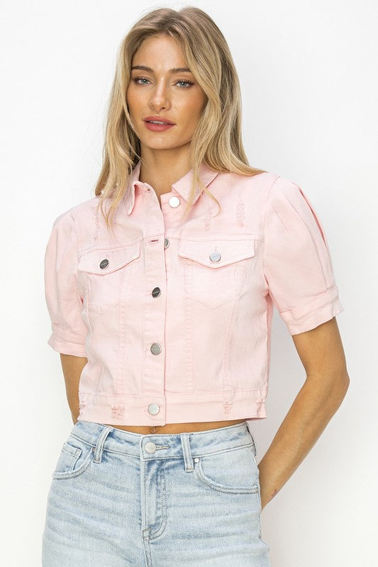 COMFORT STRETCH SHIRRING SLEEVE WASHED DENIM JACKET