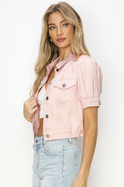 COMFORT STRETCH SHIRRING SLEEVE WASHED DENIM JACKET