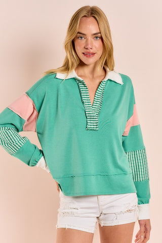 COLOR BLOCK MIXED PANEL COLLARED TOP