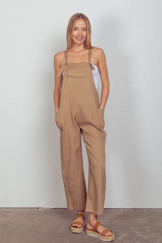 SOLID RELAXED FIT LINEN OVERALLS