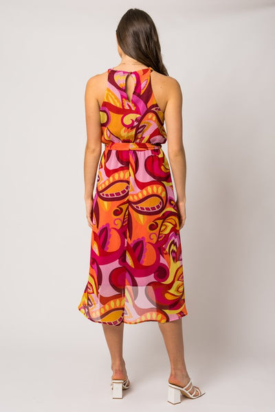 SLEEVELESS ABSTRACT PRINT HALTER NECK MIDI DRESS