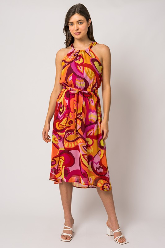 SLEEVELESS ABSTRACT PRINT HALTER NECK MIDI DRESS