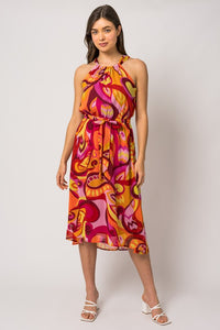 SLEEVELESS ABSTRACT PRINT HALTER NECK MIDI DRESS