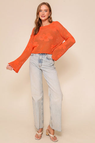 LIGHTWIEGHT FLORAL CROCETCH SWEATER TOP