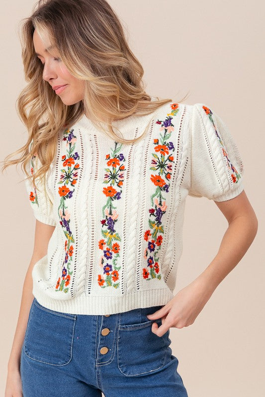 BEAUTIFUL FLOWER EMBROIDERY POINTELLE SS SWEATER