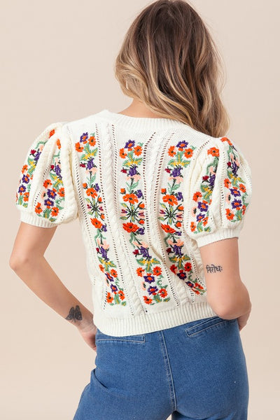 BEAUTIFUL FLOWER EMBROIDERY POINTELLE SS SWEATER