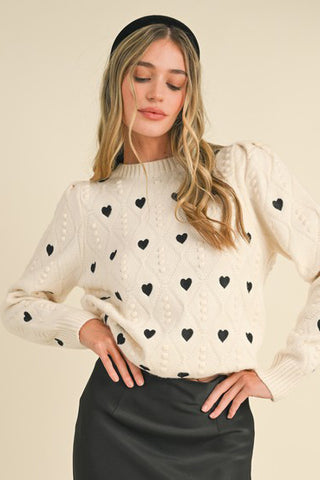 CUTE ALL OVER HEART EMBROIDERY POM POM SWEATER