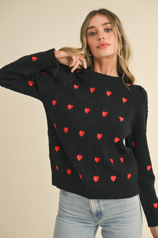 CUTE ALL OVER HEART EMBROIDERY POM POM SWEATER