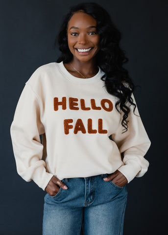 HELLO FALL FLOCKED LETTER GRAPHIC SWEATSHIRT