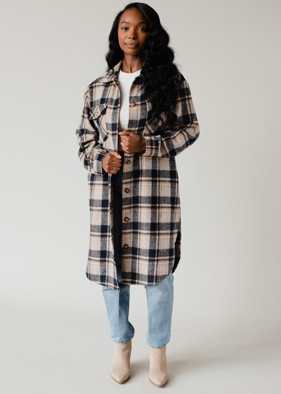 LONG PLAID HEAVY FLANNEL BUTTON DOWN SHACKET