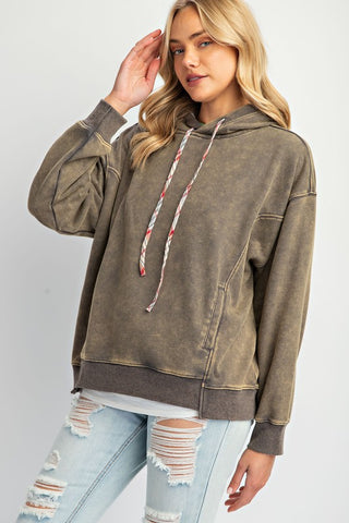 MINERAL WASHED PULLOVER HOODIE SWEATSHIRT W/PLAID CONTRAST