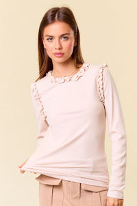 SOLID SOFT RIBBED RUFFLE LONG SLEEVE TEE