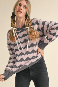 FUZZY TEXTURED HEART STRIPE HOODIE SWEATER