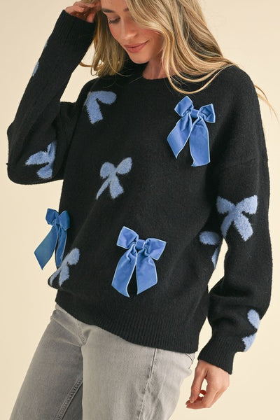 ADORABLE KNIT SWEATER W/VELVET BOW DETAIL