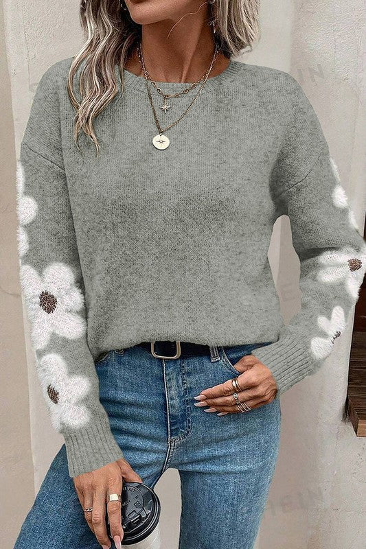 SWEET FLORAL PATTERNED SLEEVE KNIT SWEATER