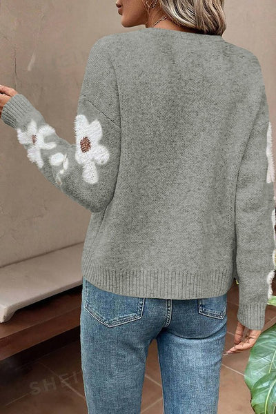 SWEET FLORAL PATTERNED SLEEVE KNIT SWEATER