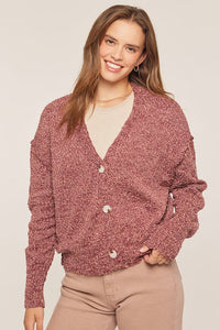 SOFT MARLED YARN KNIT BUTTON FRONT SWEATER CARDIGAN