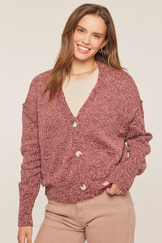 SOFT MARLED YARN KNIT BUTTON FRONT SWEATER CARDIGAN