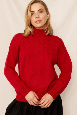 SOLID CABLE KNIT TEXTURED MOCK NECK SWEATER