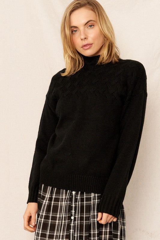 SOLID CABLE KNIT TEXTURED MOCK NECK SWEATER