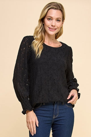 SOLID LINED LACE TOP W/RUFFLE SLEEVE